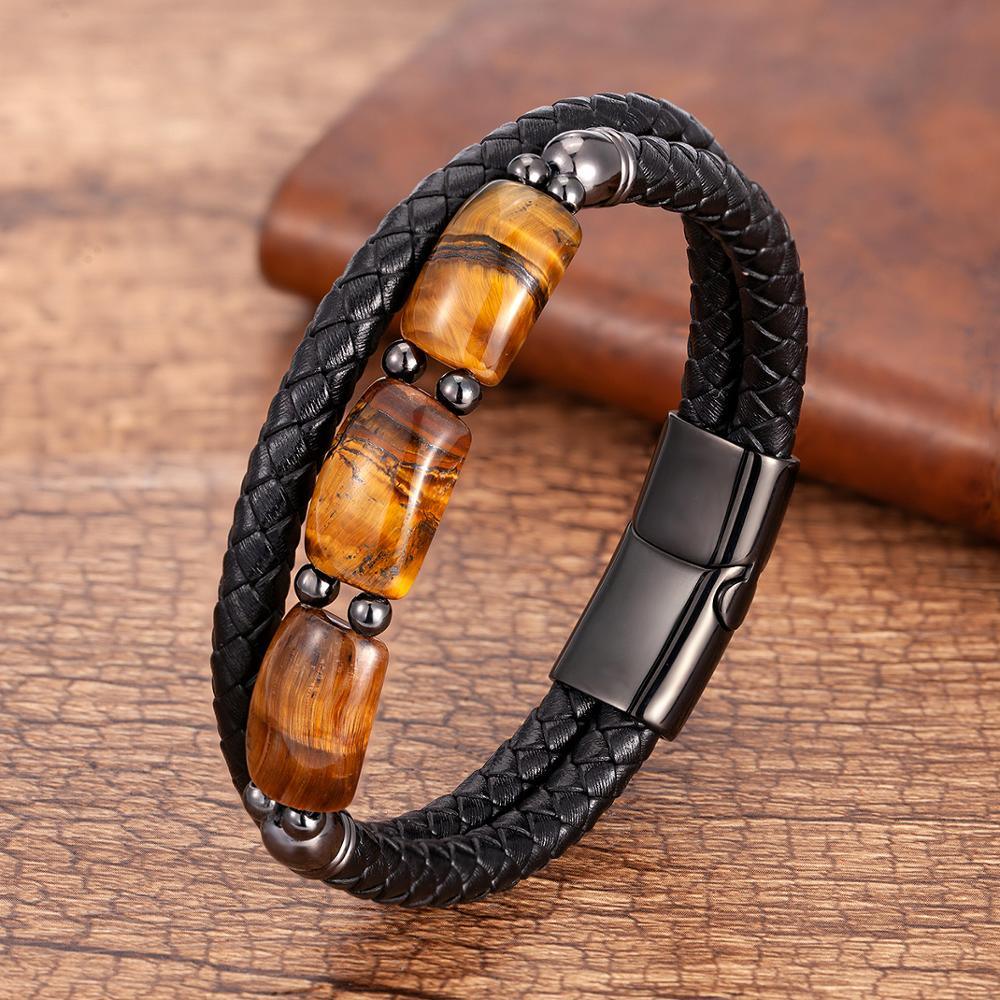 High Quality Tiger Eye Stone Bracelets For Men Geometric Natural Stone Beads Leather Rope Bangles 2020 Men's Jewelry Accessories - Reluxbr