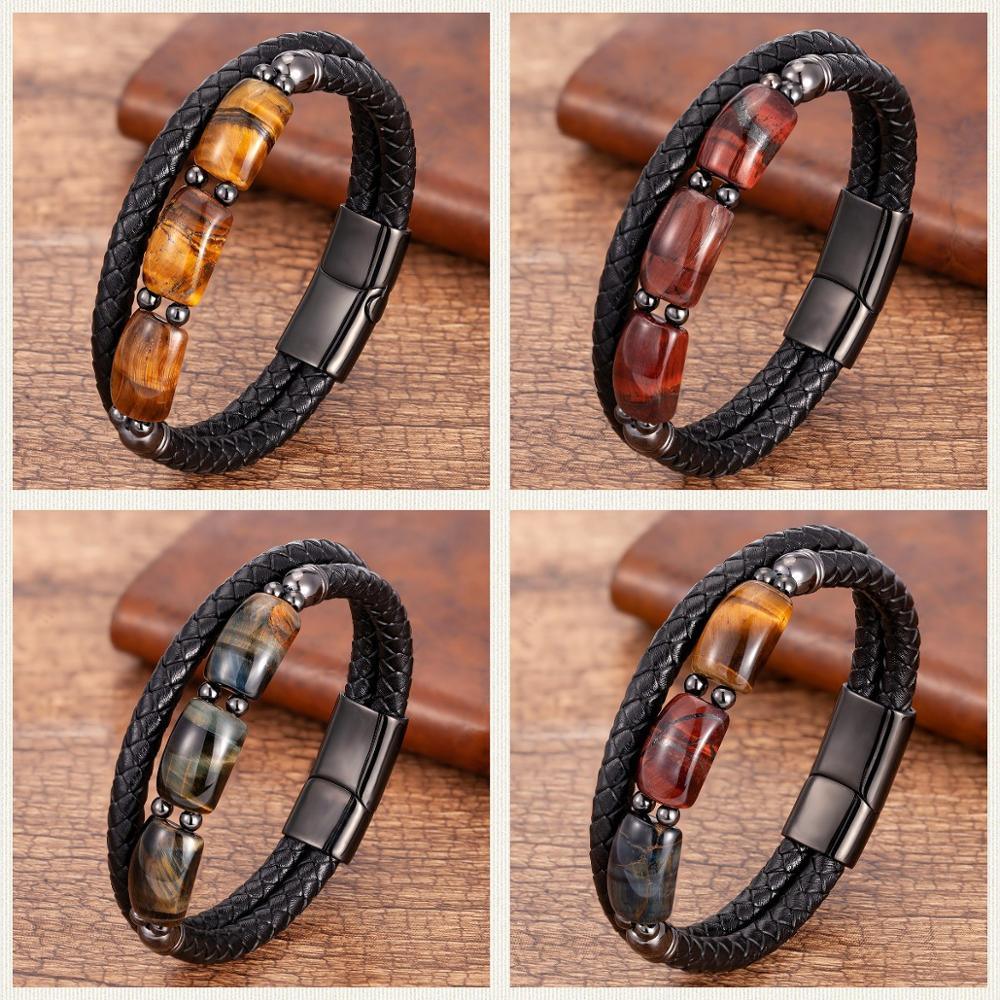 High Quality Tiger Eye Stone Bracelets For Men Geometric Natural Stone Beads Leather Rope Bangles 2020 Men's Jewelry Accessories - Reluxbr