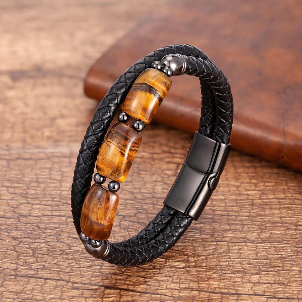 High Quality Tiger Eye Stone Bracelets For Men Geometric Natural Stone Beads Leather Rope Bangles 2020 Men's Jewelry Accessories - Reluxbr